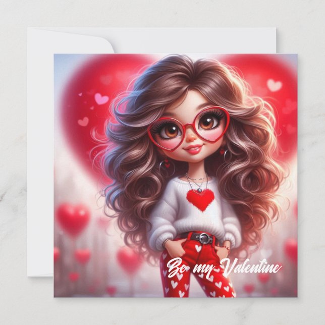 Cute Valentine sassy girl with red heart love Holiday Card (Front)