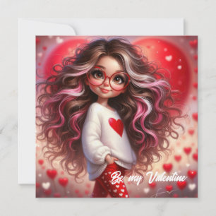 Cute Valentine sassy girl with red heart love Holiday Card