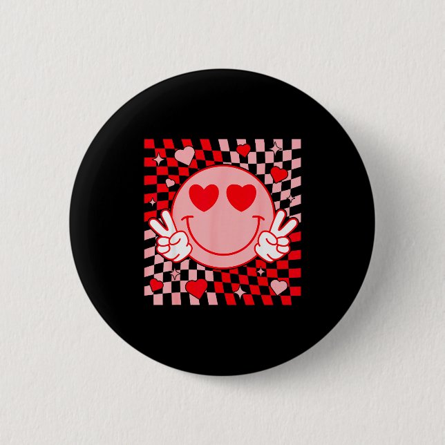 Cute Valentine Smile Face Smiling Checkered Patter Button (Front)