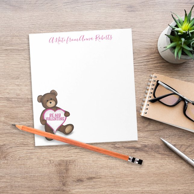 Cute Valentine Teddy Bear Personalized Desk Notepad (Cute Valentine teddy bear desk stationery with personalized name header.)