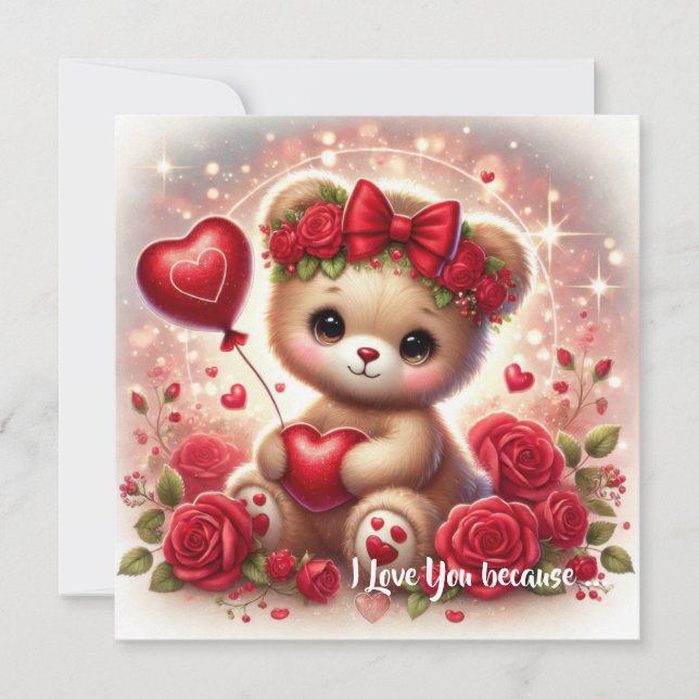 Cute Valentine teddy bear with red heart  Holiday Card (Front)
