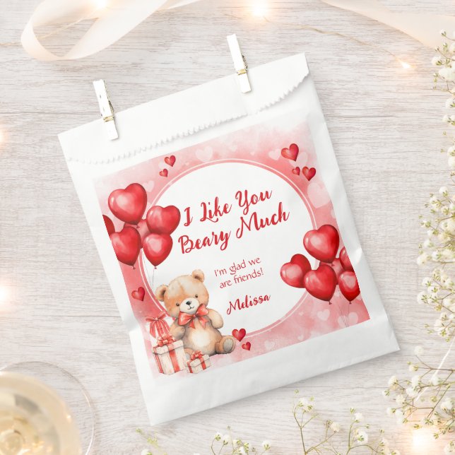 Cute Valentine Teddy wit Red Hearts Classroom  Favor Bag (Clipped)