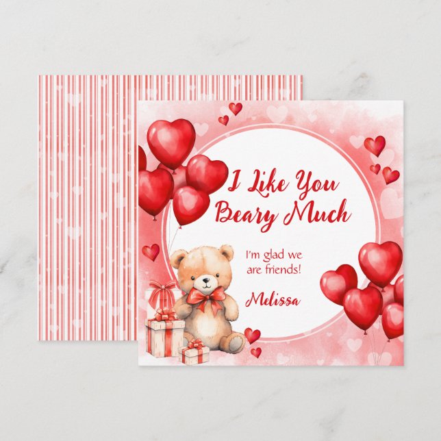 Cute Valentine Teddy wit Red Hearts Classroom  Holiday Card (Front/Back)