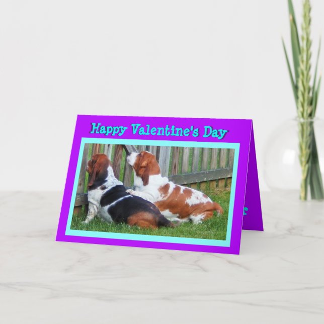 Cute Valentine w/Funny Basset Hounds Holiday Card (Front)