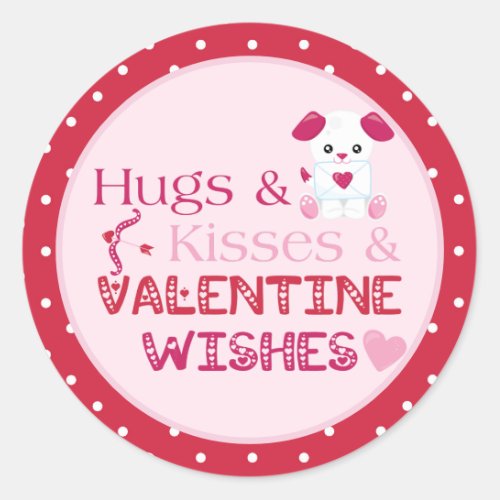 Cute Valentine Wishes Puppy Hugs Kisses Classic Round Sticker