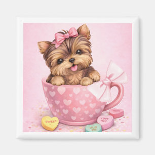 Cute Valentine Yorkie in Pink Teacup Magnet