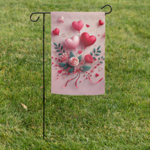 Cute Valentine's balloons & roses Garden Flag