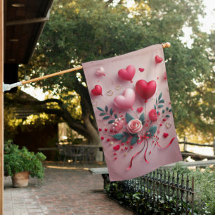 Cute Valentine's balloons & roses House Flag