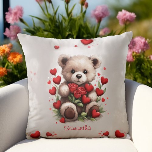 Cute Valentines Bear with Red Roses and Hearts Throw Pillow
