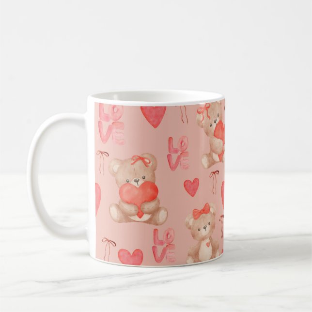 Cute Valentines Brown Teddy Bear Seamless Pattern Coffee Mug (Left)