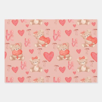 Cute Valentines Brown Teddy Bear Seamless Pattern Wrapping Paper Sheets