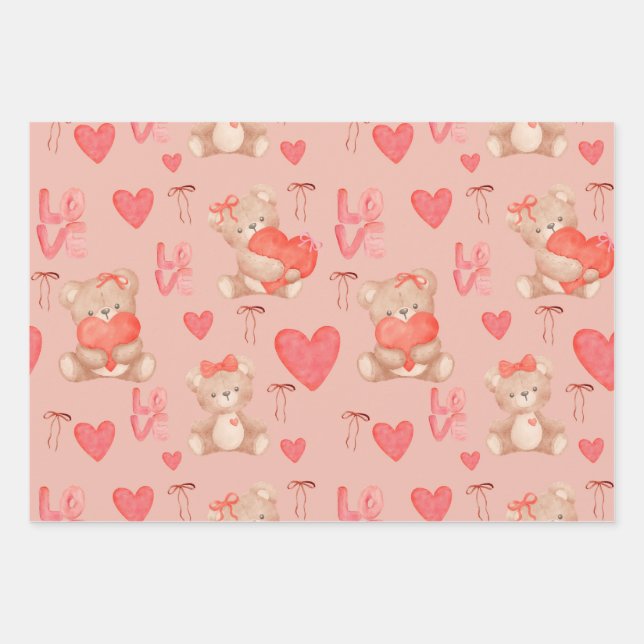 Cute Valentines Brown Teddy Bear Seamless Pattern Wrapping Paper Sheets (Front)