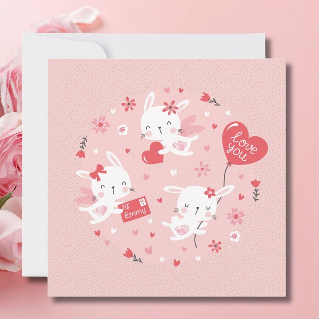 Cute Valentine's bunny angels on pink Note Card (Creator Uploaded)