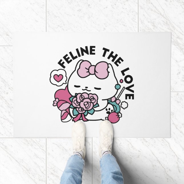 Cute Valentine's Cat Design – Feline the Love Doormat (Indoor)