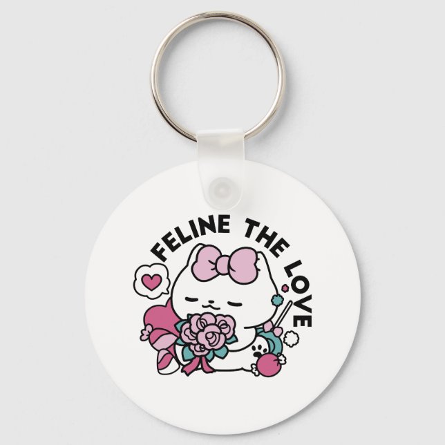 Cute Valentine's Cat Design – Feline the Love Keychain (Front)