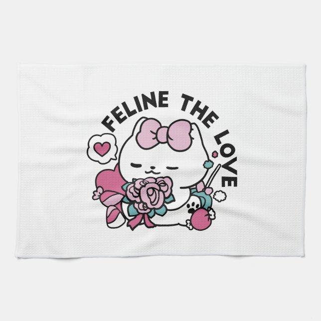Cute Valentine's Cat Design – Feline the Love Kitchen Towel (Horizontal)