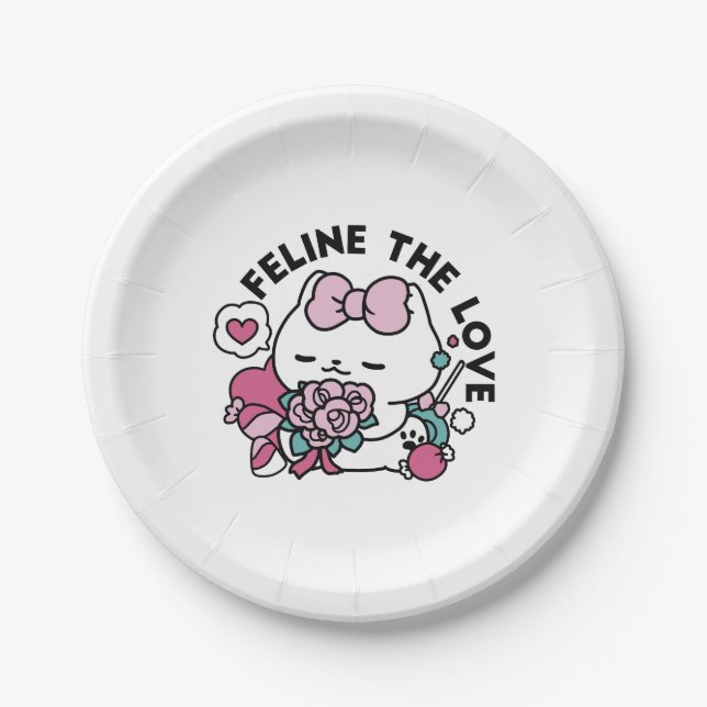Cute Valentine's Cat Design – Feline the Love Paper Plates (Front)