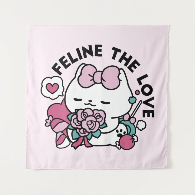 Cute Valentine's Cat Design – Feline the Love Tapestry (Front)