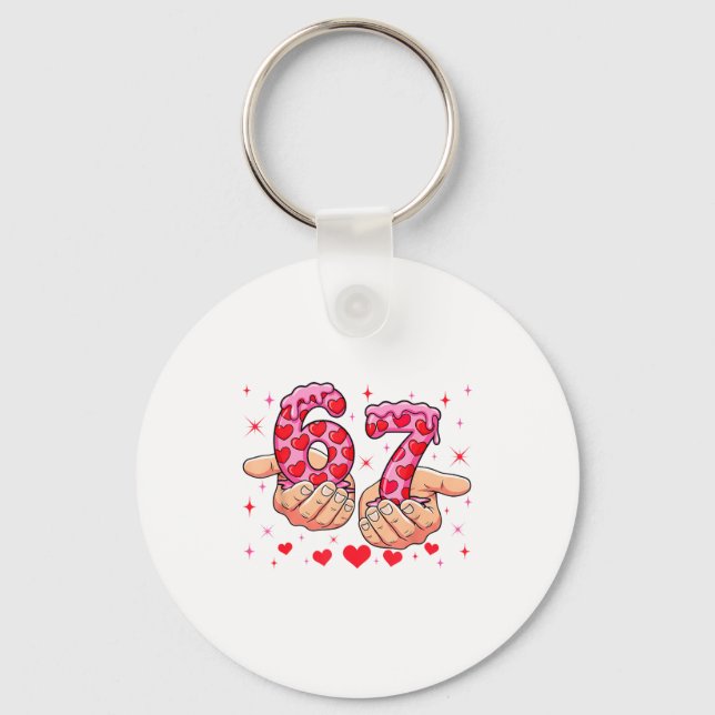 Cute Valentines Day 67 Hearts Funny Six Seven Meme Keychain (Front)