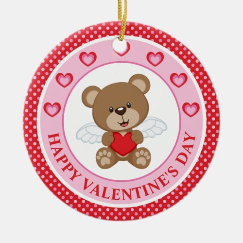 Cute Valentines Day Bear and Heart with Polka Dot Ceramic Ornament