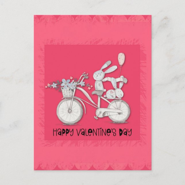 Cute Valentine's Day Bunny Rabbits on a Bike Postcard (Front)