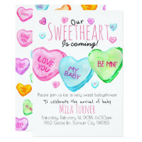 Cute Valentines Day candy heart baby shower invite