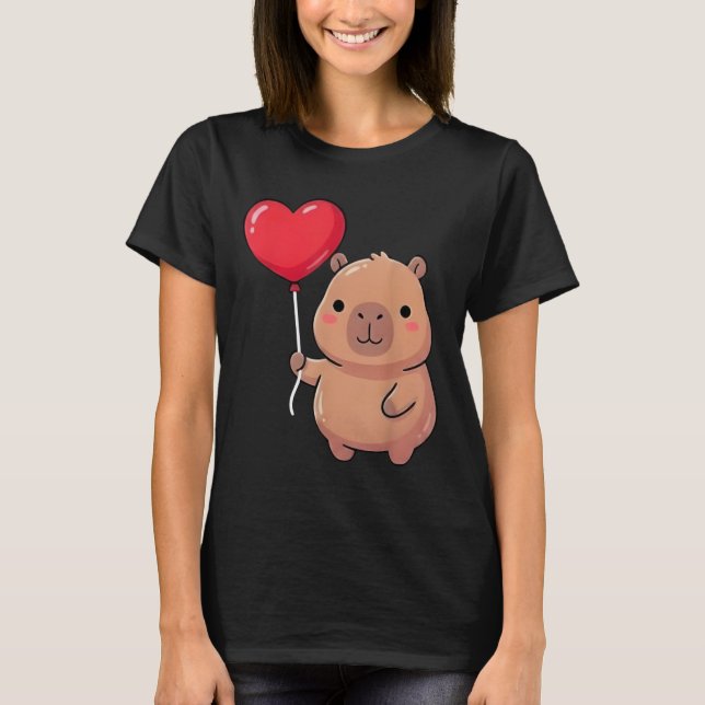 Cute Valentine's Day Capybara Holding Heart Balloo T-Shirt (Front)