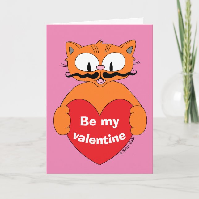 Cute Valentine's Day Card Cartoon Mustache Cat (Front)