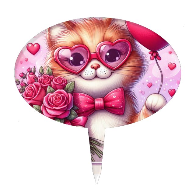 Cute Valentine's day cat/kitten Cake Topper (Front)