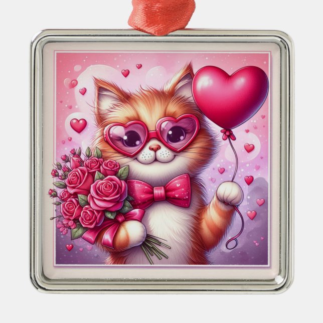 Cute Valentine's day cat/kitten Metal Ornament (Front)