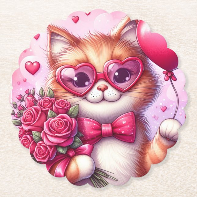 Cute Valentine's day cat/kitten Paper Coaster (Front)
