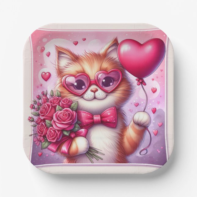Cute Valentine's day cat/kitten Paper Plates (Front)