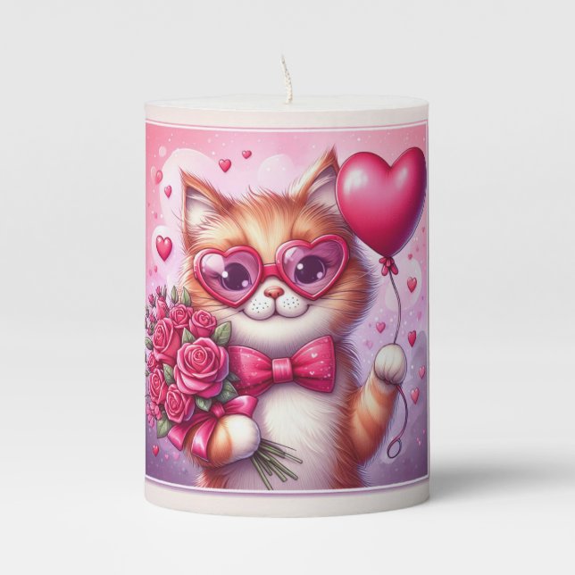 Cute Valentine's day cat/kitten Pillar Candle (Front)
