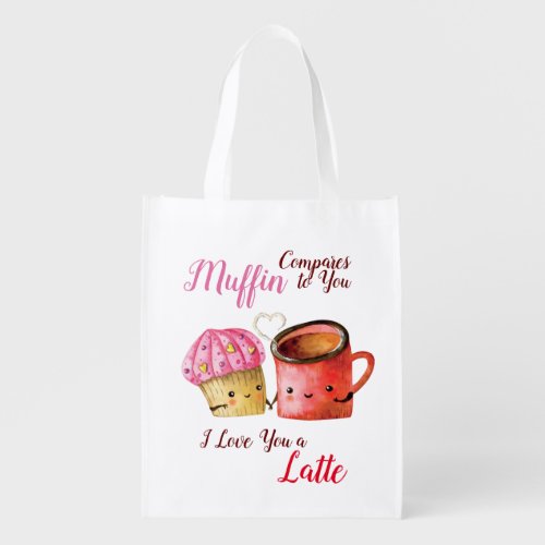 Cute Valentines Day Cupcake and Coffee Mug Couple Grocery Bag