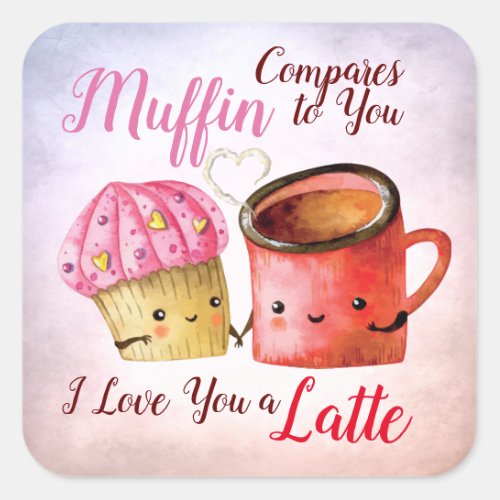 Cute Valentines Day Cupcake and Coffee Mug Couple Square Sticker