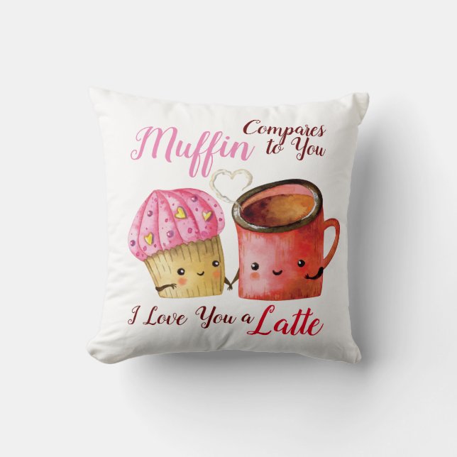 Cute Valentine's Day Cupcake and Coffee Mug Couple Throw Pillow (Front)