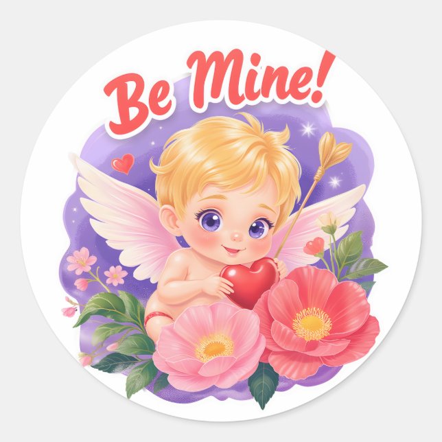 Cute Valentine's Day Cupid with "Be Mine" Classic Round Sticker (Front)