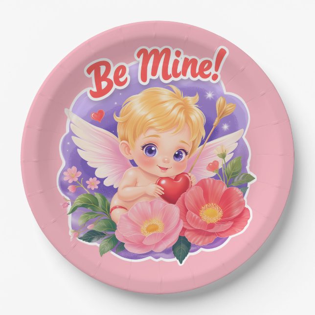 Cute Valentine's Day Cupid with "Be Mine" Paper Plates (Front)
