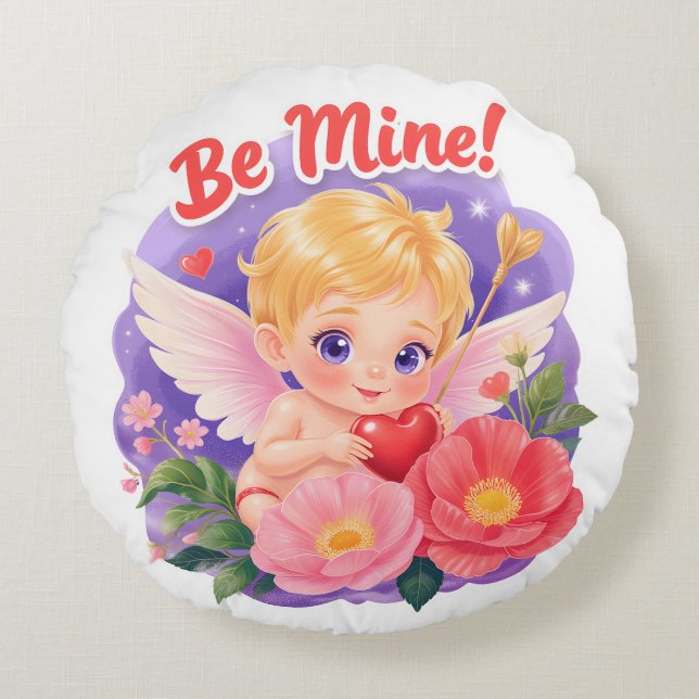 Cute Valentine's Day Cupid with "Be Mine" Round Pillow (Front)