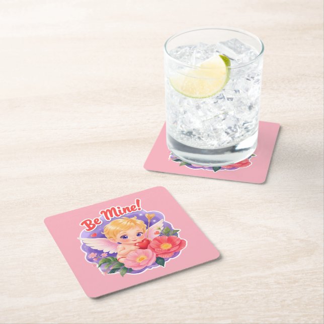 Cute Valentine's Day Cupid with "Be Mine" Square Paper Coaster (Insitu)
