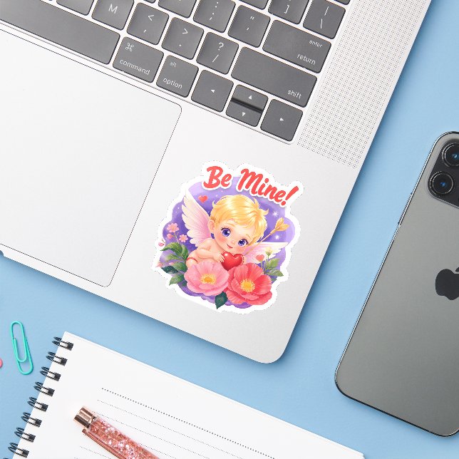 Cute Valentine's Day Cupid with "Be Mine" Sticker (Laptop w/ iPhone)