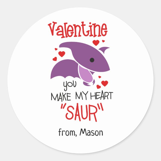 Cute Valentine's Day Dino Classic Round Sticker (Front)