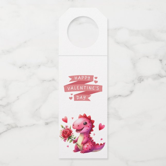 Cute Valentine's day dinosaur Bottle Hanger Tag (Front)