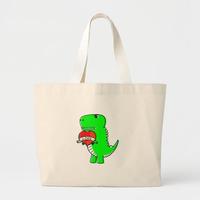 Cute Valentines Day Dinosaur Large Tote Bag (Front)