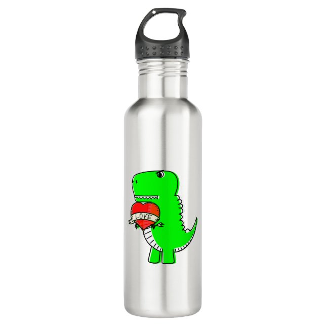 Cute Valentines Day Dinosaur Stainless Steel Water Bottle (Front)