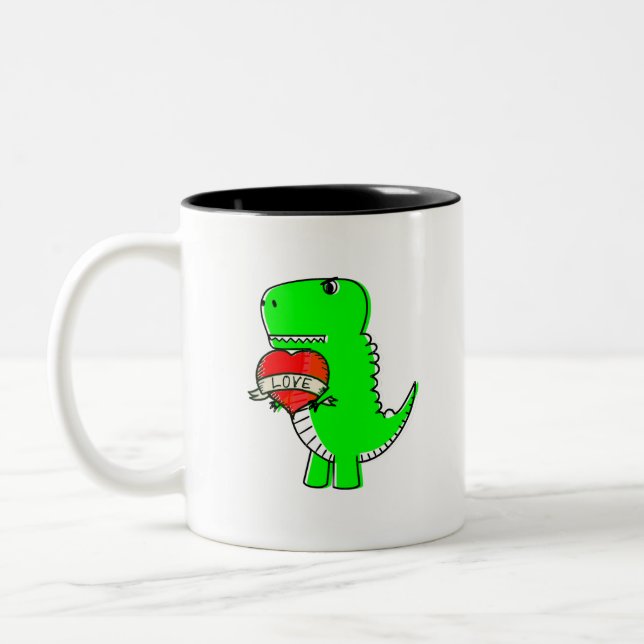Cute Valentines Day Dinosaur Two-Tone Coffee Mug (Left)