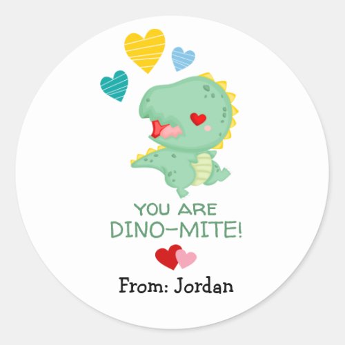 Cute Valentines Day Dinosaurs and Hearts Classic Round Sticker