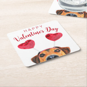 Cute Valentine's Day Dog Funny Heart Headband Square Paper Coaster