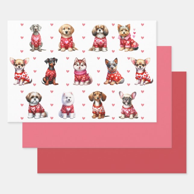 Cute Valentine's Day Dogs on White Wrapping Paper Sheets (Set)