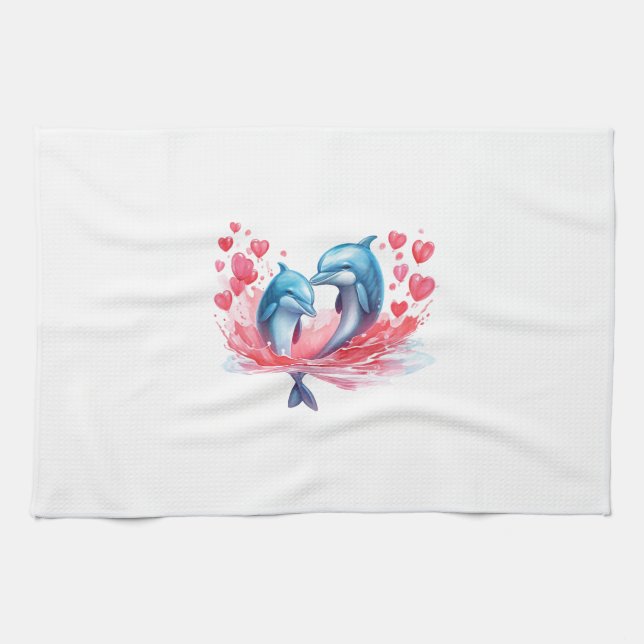 Cute Valentine's Day Dolphin Couple Kitchen Towel (Horizontal)